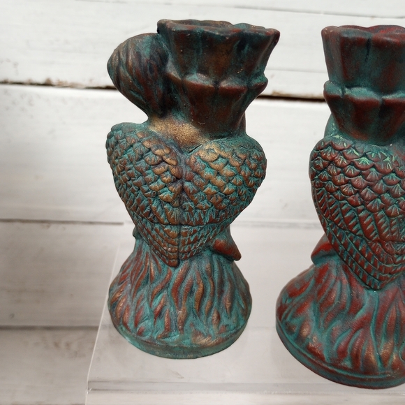 Set of 2 Angels Cherubs Candlestick Holders Vintage Shabby Chic Green Patina - Picture 6 of 12